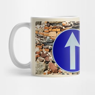 Rounded traffic sign in blue and white, ahead only Mug